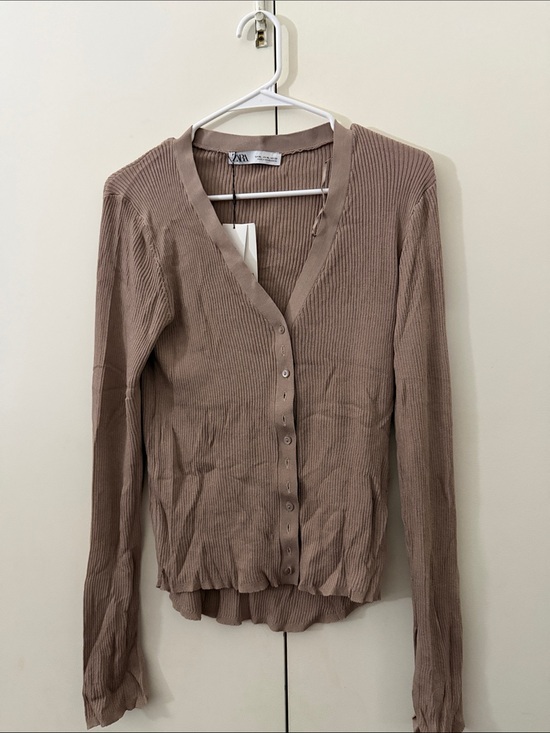 Zara Sweaters - Zara Ribbed Button-Front Cardigan in Taupe